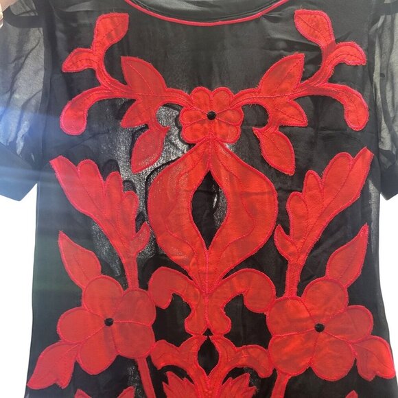Daforlyn 100% Silk Mini Dress Size XS Black Red Floral Applique Semi Sheer Artsy - Picture 6 of 11
